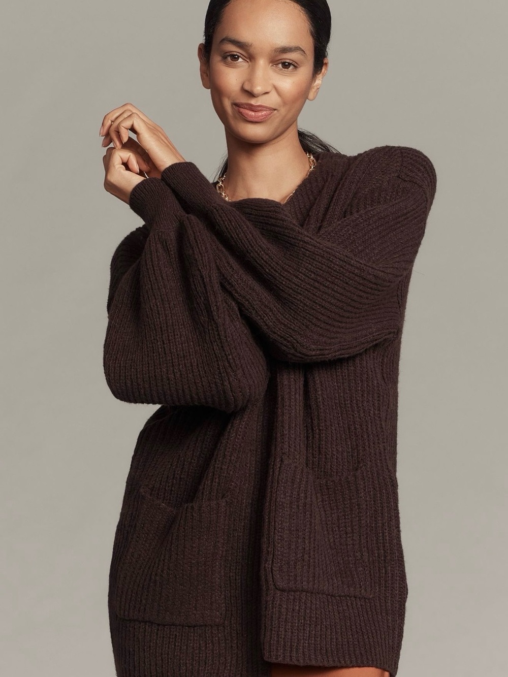 New! Flat White Anthropologie OS Chunky Knit Open-Front Brown Women's Cardigan